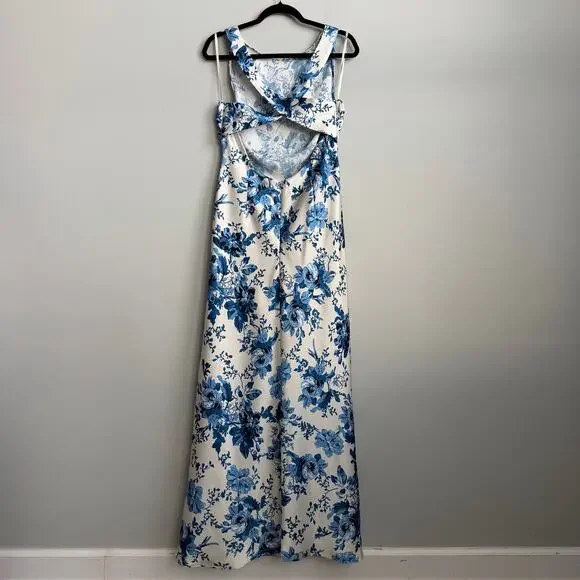 NEW BHLDN Mariella High-Neck Satin Maxi Dress in Blue Floral Size 12 - Picture 7 of 12